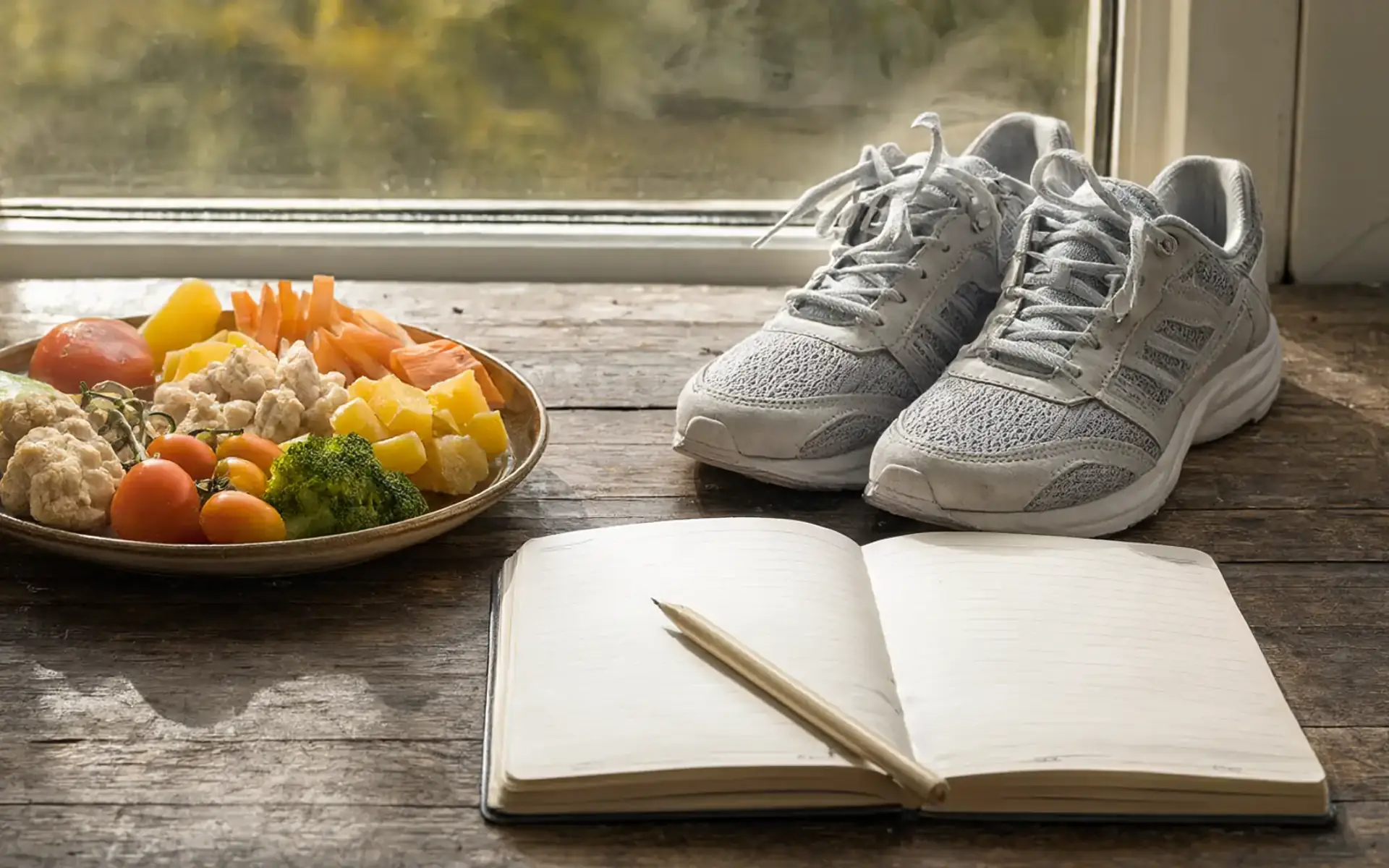 Prato equilibrado, tênis de caminhada e caderno em branco sobre uma mesa, cena sobre as alternativas à caneta emagrecedora